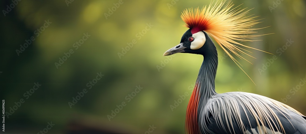 Fototapeta premium An elegant crowned crane in its natural habitat, with a striking appearance, against a backdrop of lush scenery, creating a picturesque image with ample copy space.