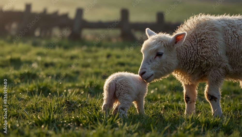 The tender moment of a newborn lamb taking its first hesitant steps on a dew-kissed meadow in the early days of spring ai_generated The tender moment of a newborn lamb taking its first hesitant steps on a dew-kissed meadow in the early days of spring ai_generated