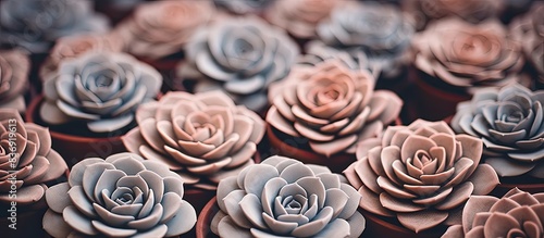 Selective focus on small succulent rosettes in a clay pot, with tinted copy space image.