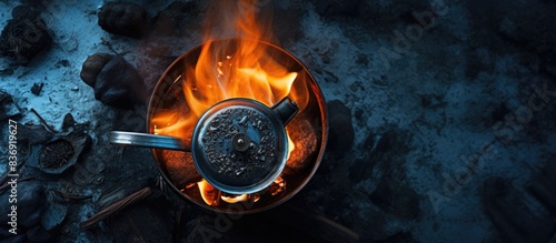 Top view of a metal cezve with hot coffee placed on a bonfire, creating a cozy scene with copy space image. photo
