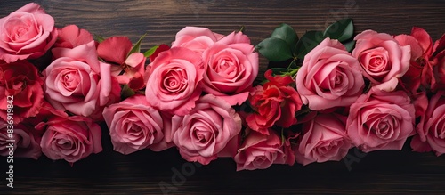 A beautiful congratulatory bouquet of roses with a copy space image, suitable for Valentine's Day, weddings, or birthdays, seen from the top view.