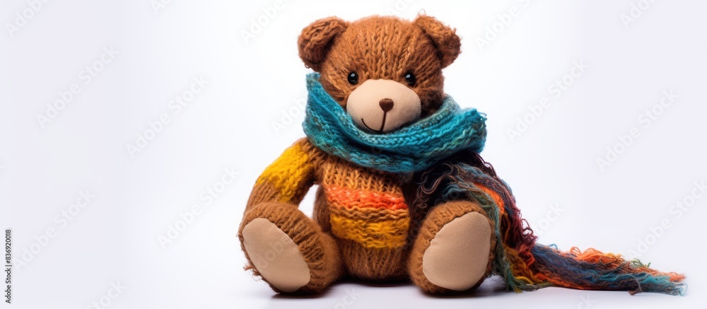 brown teddy bear in a knitted multi-colored scarf sits on a white background. brown teddy bear in a knitted multi-colored scarf sits on a white background.