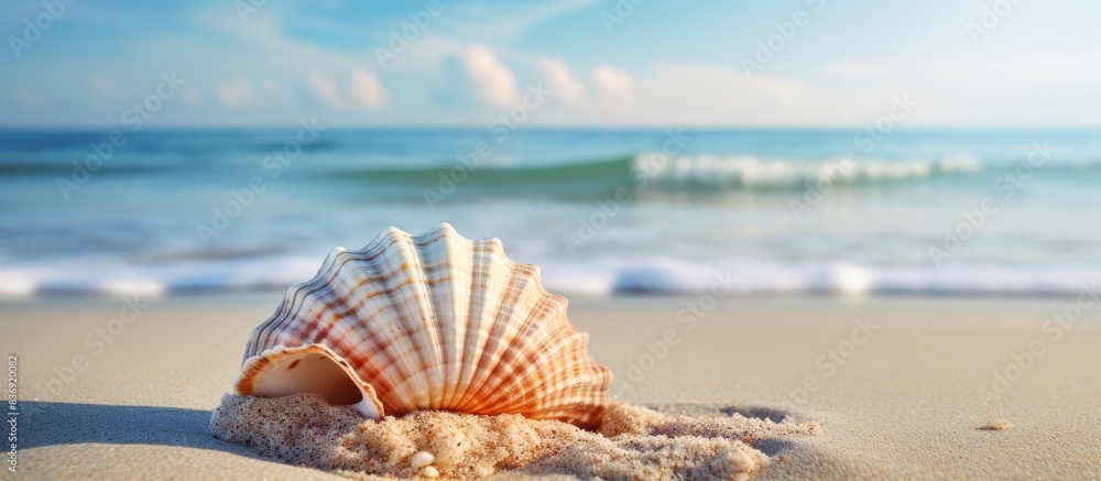 Beach landscape featuring a shell on the sand, perfect for background use in photography with copy space image. Beach landscape featuring a shell on the sand, perfect for background use in photography with copy space image.