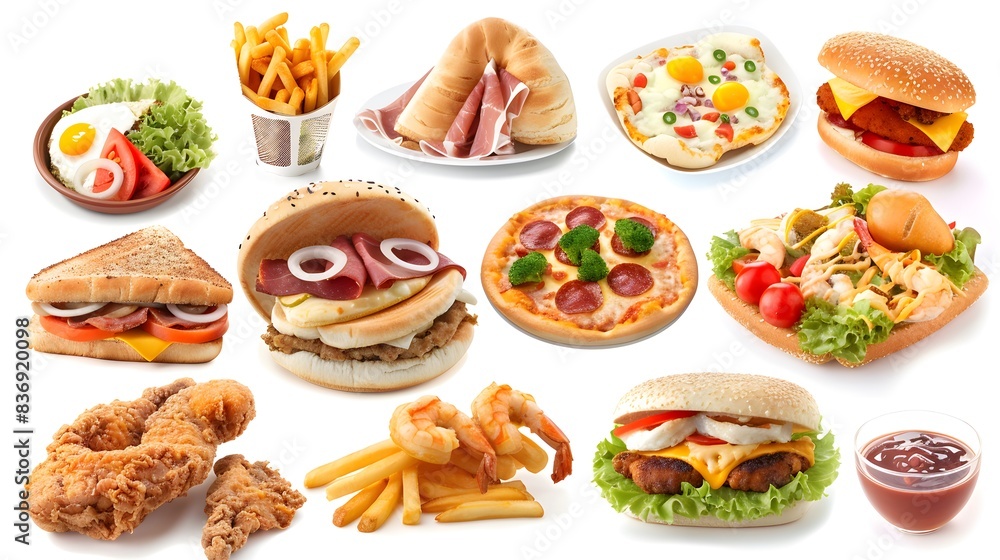 All Fast Food collection set, isolated on white background. Fried chicken, fries, pizza, sandwich, chicken nuggets, eggs and bacon, shawarma, prawns. Junk food of Fast Food set. Closeup of fast foods. All Fast Food collection set, isolated on white background. Fried chicken, fries, pizza, sandwich, chicken nuggets, eggs and bacon, shawarma, prawns. Junk food of Fast Food set. Closeup of fast foods.