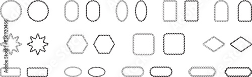 Set of Rope frames Borders of different geometric shapes. round, oval and square, hexagonal. Editable rope frame border isolated on white background.