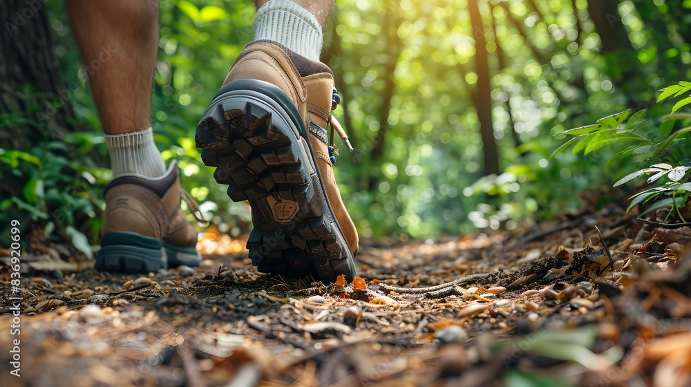 Close up of a man's feet in hiking shoes walking on a forest trail, copy space for text stock photo. Close up of a man's feet in hiking shoes walking on a forest trail, copy space for text stock photo.