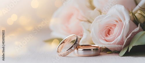 Wedding rings displayed with a bouquet in soft pastel hues, creating an elegant composition with a charming ambiance and copy space image. © meristock