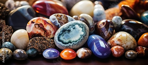 Gemstones like agates, geodes, and dinosaur eggs, are examples of precious stones commonly known for their unique beauty and appeal in jewelry, creating a visually appealing copy space image. photo