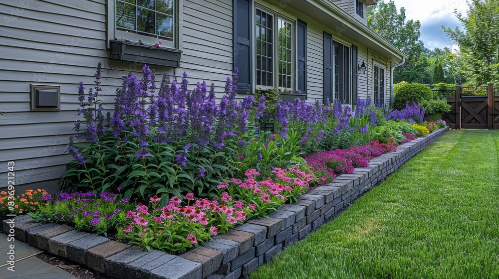 Naklejka premium Plant peonies, lavender, and sweet peas in your front yard or apartment, and prepare a gorgeous flower bed.. Generative AI.