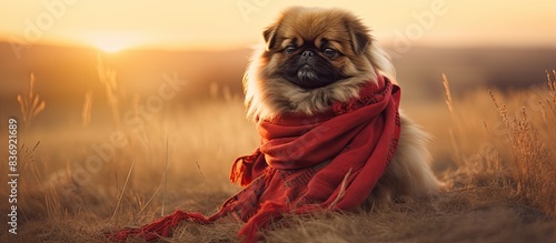 A stylish Pekingese dog with a red light coat and copy space image of a silk scarf is sitting in a field on a warm evening, taking a rest. photo
