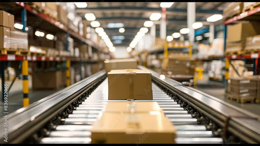 slow motion video of cardboard packages on a conveyor belt in a warehouse E-commerce slow motion video of cardboard packages on a conveyor belt in a warehouse E-commerce