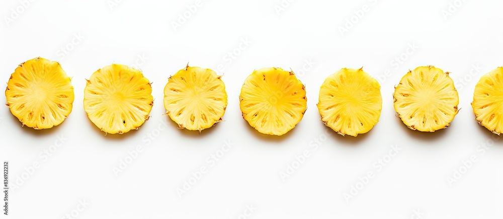 Circular slices of sweet yellow pineapples are displayed on a white background with copy space image. Circular slices of sweet yellow pineapples are displayed on a white background with copy space image.