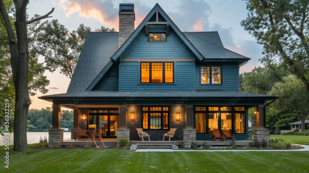 Elegant Craftsman Style New Construction Slate Blue House with Contemporary Minimalist Architecture in a Peaceful Riverside Park