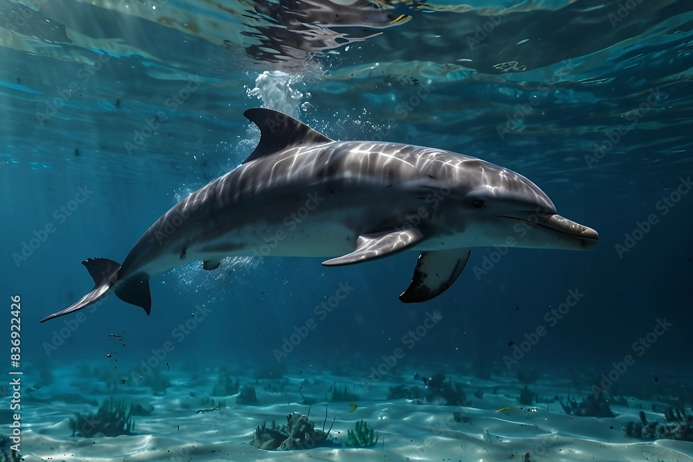 Beautiful underwater scene with dolphin, wide panoramic banner with copy space or web site header. 8k Beautiful underwater scene with dolphin, wide panoramic banner with copy space or web site header. 8k