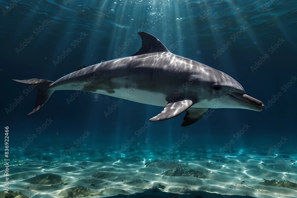 Beautiful underwater scene with dolphin, wide panoramic banner with copy space or web site header. 8k Beautiful underwater scene with dolphin, wide panoramic banner with copy space or web site header. 8k