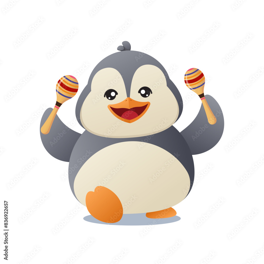 Fototapeta premium Cute little penguin character with a happy smile is holding maracas