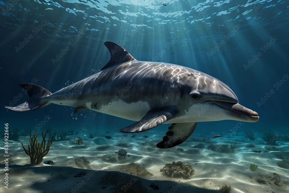 Naklejka premium Beautiful underwater scene with dolphin, wide panoramic banner with copy space or web site header. 8k