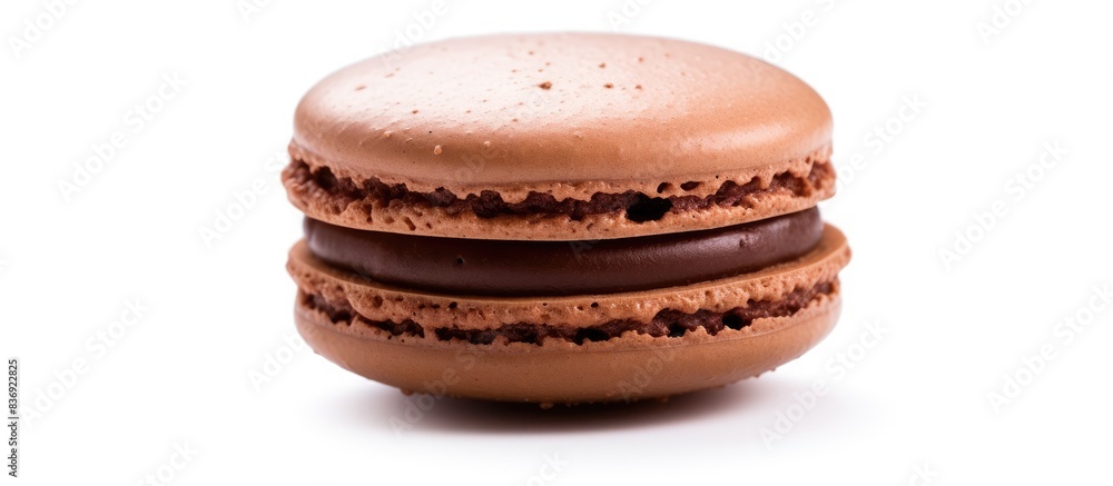 A delectable chocolate macaron or macaroon pastry. A delightful French treat displayed on a white background with copy space image. A delectable chocolate macaron or macaroon pastry. A delightful French treat displayed on a white background with copy space image.