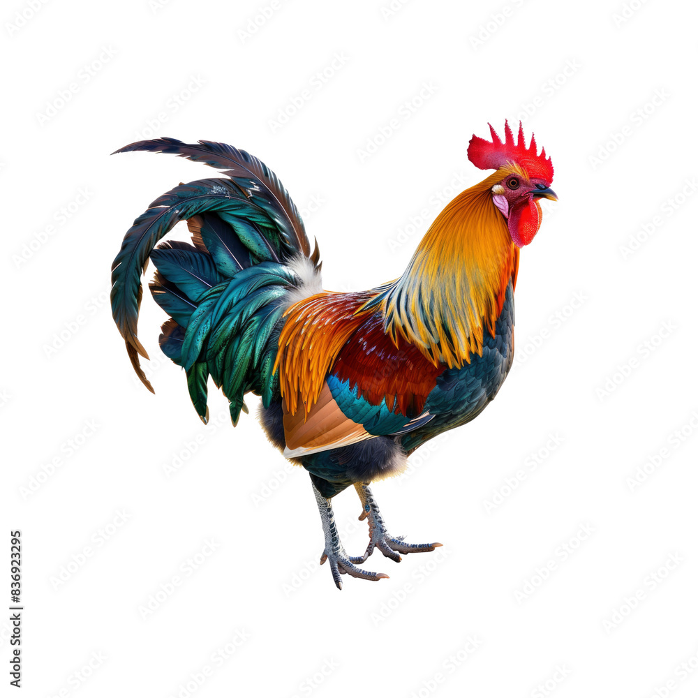 A Colorful Free-Range Male Rooster Struts Proudly, His Plumage A Riot Of Hues Against The Blank Canvas A Colorful Free-Range Male Rooster Struts Proudly, His Plumage A Riot Of Hues Against The Blank Canvas