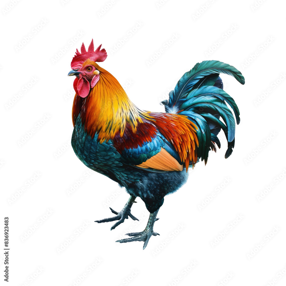 Fototapeta premium A Colorful Free-Range Male Rooster Struts Proudly, His Plumage A Riot Of Hues Against The Blank Canvas