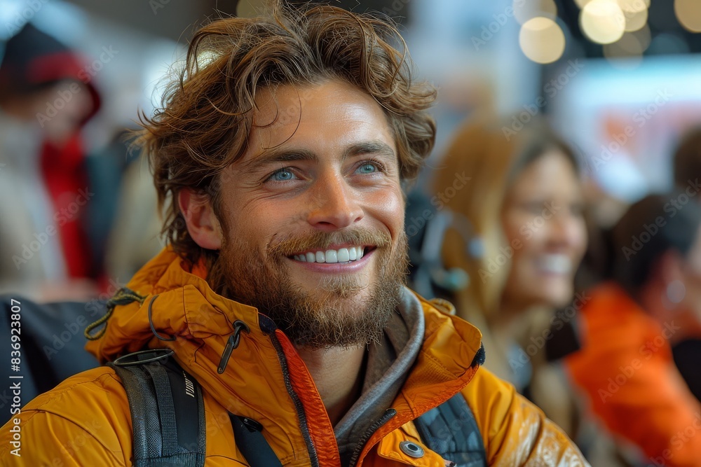In a cozy indoor setting with his friend, a young man wearing a beanie and a brown-orange winter coat smiles happily at the camera. In a cozy indoor setting with his friend, a young man wearing a beanie and a brown-orange winter coat smiles happily at the camera.