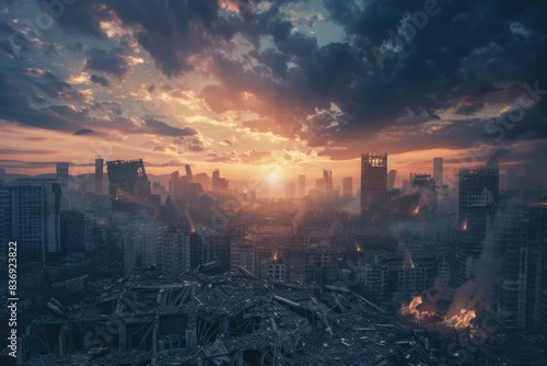 The dramatic and eerie apocalyptic urban sunset skyline in a dystopian cityscape with ruined skyscrapers and abandoned buildings