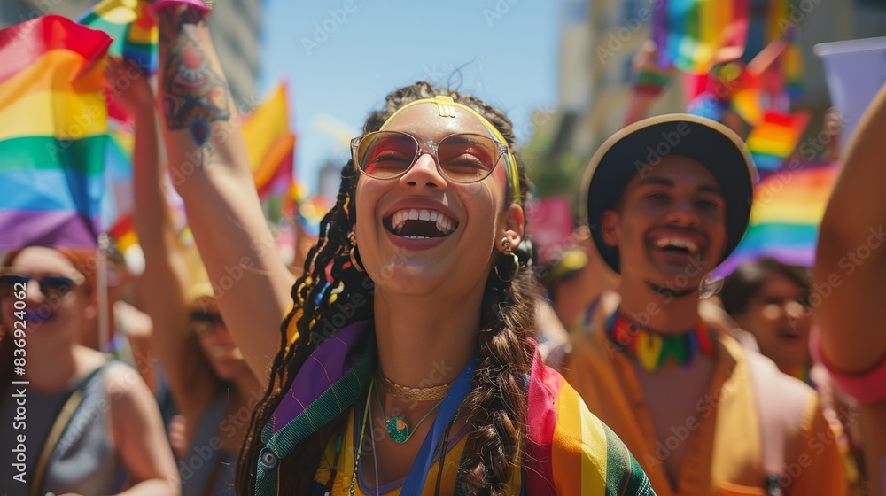 A diverse group of people marching in a pride parade waving rainbow flags and smiling with joy celebrating their identities and rights A diverse group of people marching in a pride parade waving rainbow flags and smiling with joy celebrating their identities and rights
