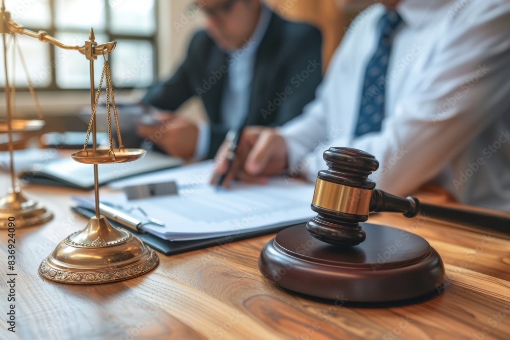 Focused image of a gavel on a desk with scales of justice, attorneys working on documents unfocused Focused image of a gavel on a desk with scales of justice, attorneys working on documents unfocused
