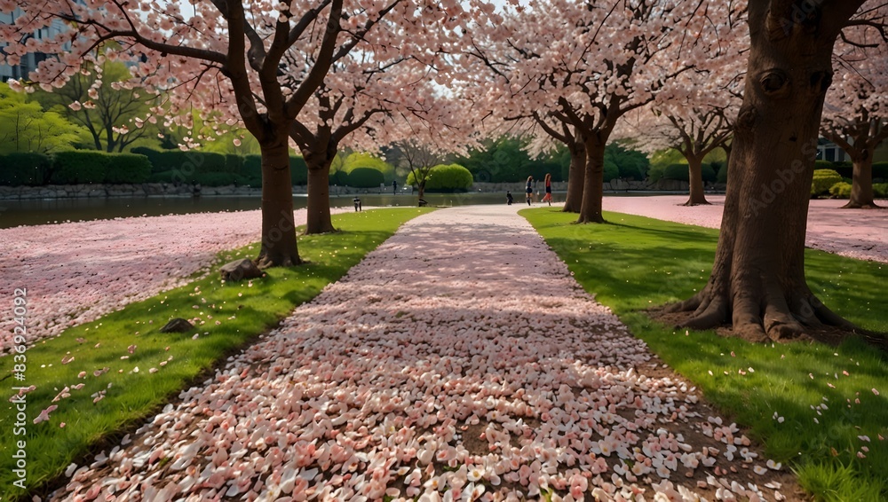 The vibrant scene of cherry blossoms in full bloom, showering the ground with delicate petals in a serene springtime park ai_generated The vibrant scene of cherry blossoms in full bloom, showering the ground with delicate petals in a serene springtime park ai_generated
