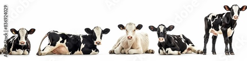 Wildlife cows animals banner panorama long - Collection of funny cute crazy laughing lying, standing, sitting black white cow, isolated on white background, Generative AI photo