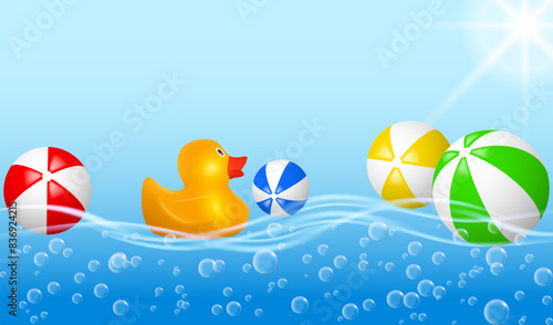 Hello summer poster. Summer holiday background with vector objects. Yellow rubber duck and beach balls in the blue waves
