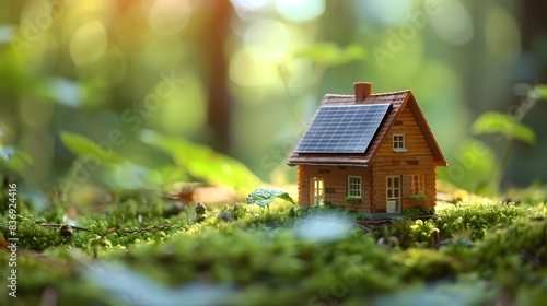 Miniature house with solar panels on the roof in a forest, green mossy ground, blurred background, sunlight and bokeh effect.