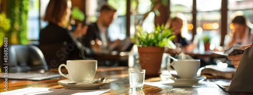 Two colleagues discuss the project over a cup of coffee in the recreation room © BajimBa