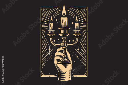 Candelabrum with candles in a woman's hand. Mystical card. Isoteric, occult, magical vector illustration. vintage black engraving, emblem, logo. tattoo sketch, print