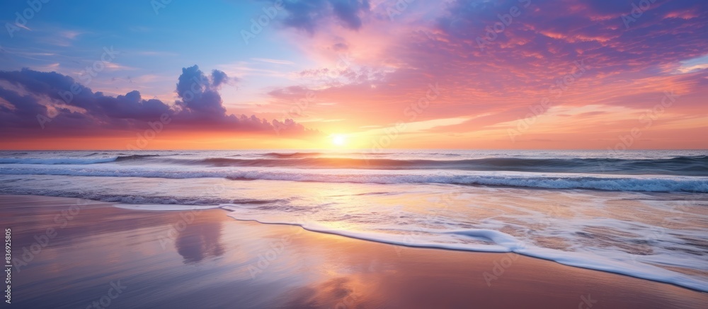 Scenic beach sunset reflecting in the ocean with a bright and vibrant sky, providing a beautiful view with copy space image. Scenic beach sunset reflecting in the ocean with a bright and vibrant sky, providing a beautiful view with copy space image.