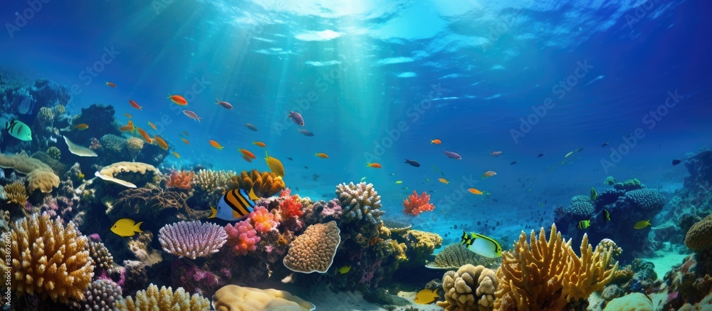 Beautiful summer background with vibrant corals, exotic fish, and a stunning underwater view in the Red Sea, ideal for a copy space image. Beautiful summer background with vibrant corals, exotic fish, and a stunning underwater view in the Red Sea, ideal for a copy space image.