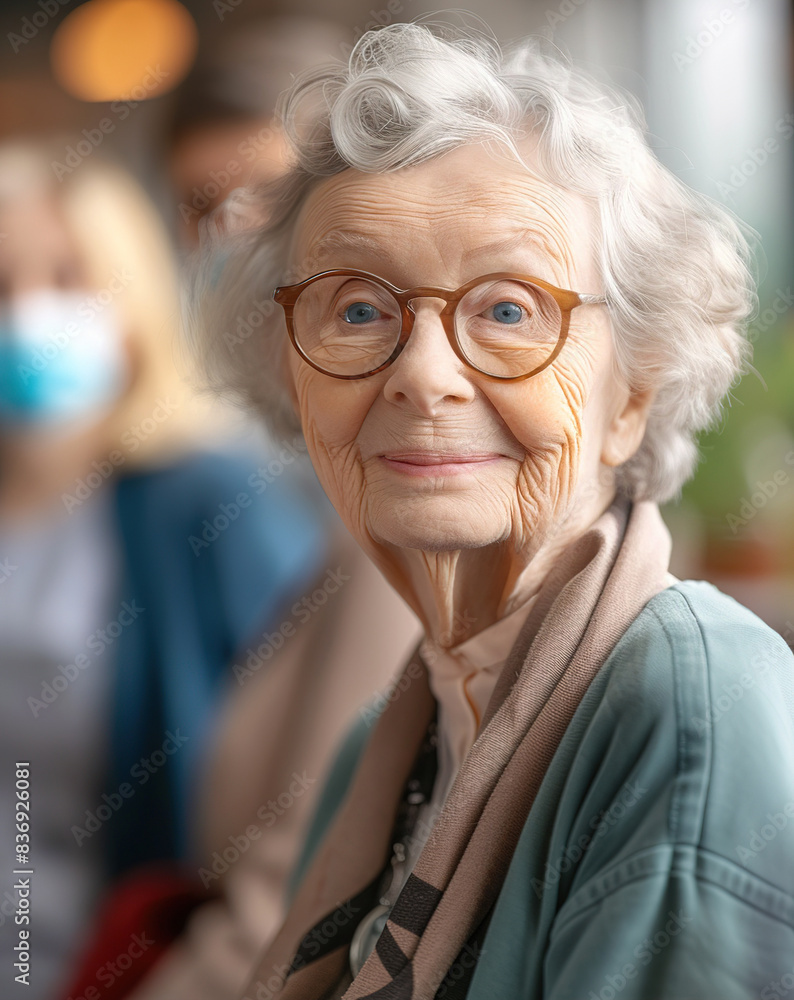 Senior woman with glasses and a gray sweater is smiling Senior woman with glasses and a gray sweater is smiling