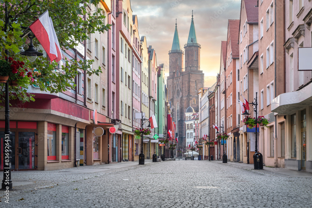 Fototapeta premium Legnica, Poland. View of pedestrian shopping street in the center of the old town