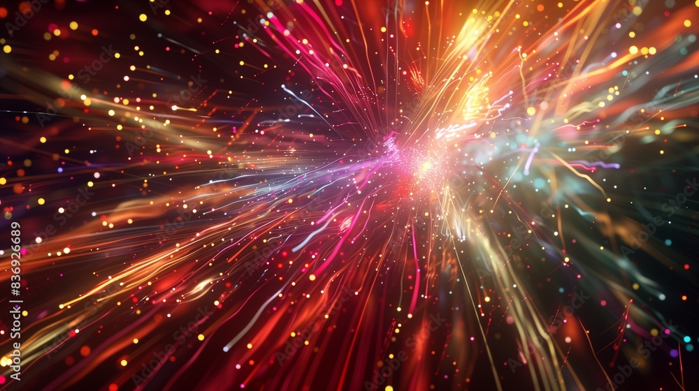 Fototapeta premium Abstract composition of colorful light trails from fireworks exploding in the night sky, creating a dazzling display.
