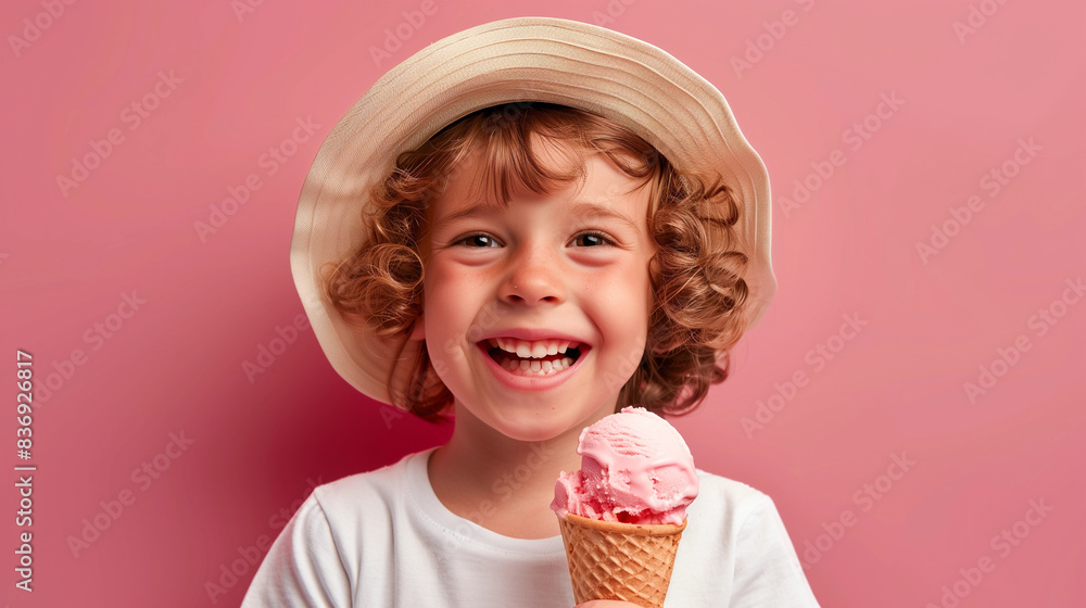A joy smiling child in a summer hat enjoys ice cream. On a pink background A joy smiling child in a summer hat enjoys ice cream. On a pink background
