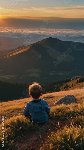 A child sits and looks at the sunrise in the mountains