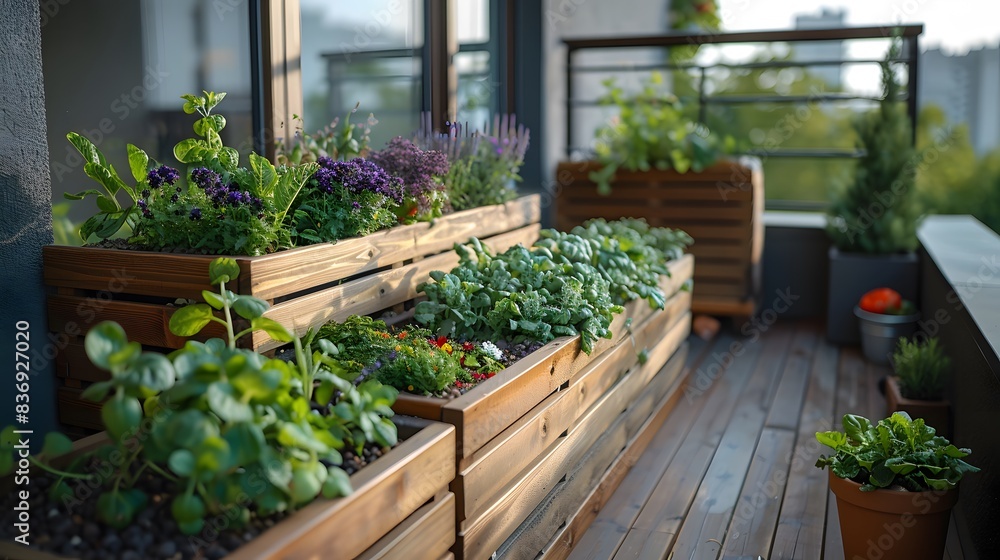 Sleek urban balcony garden with raised beds and wooden boxes containing various vegetables, creating an indoor oasis for home gardening enthusiasts. Sleek urban balcony garden with raised beds and wooden boxes containing various vegetables, creating an indoor oasis for home gardening enthusiasts.