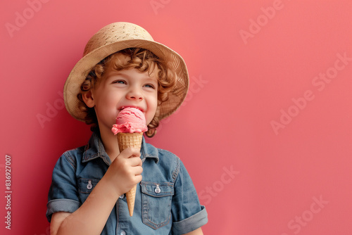 A child in a summer hat enjoys ice cream. On a pink background