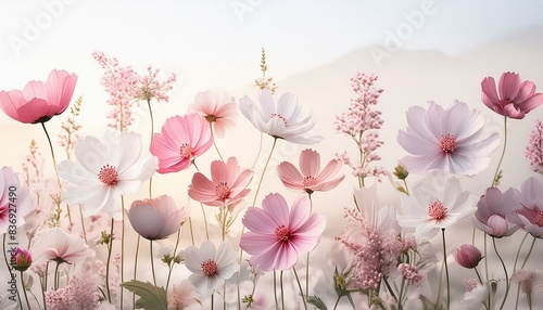 ピンクと白の花、繊細な花びら、ロマンティックな雰囲気、パステルカラー、美しいアートデザイン、清潔感、生命感 photo