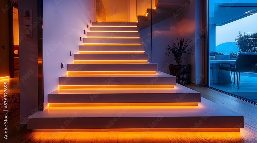 Staircase with LED lights in a modern home interior, showcasing the use of lighting to create illumination and depth in architectural design. Staircase with LED lights in a modern home interior, showcasing the use of lighting to create illumination and depth in architectural design.