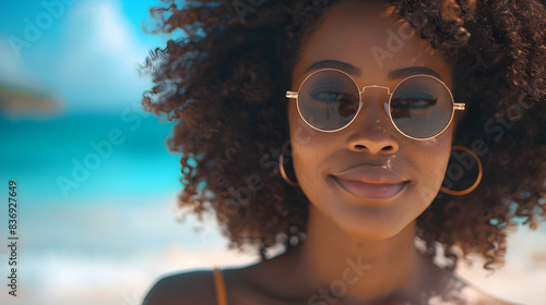 A beautiful African American woman with afro hairstyle and sunglasses on the beach, enjoying the summer vacation and sunshine.