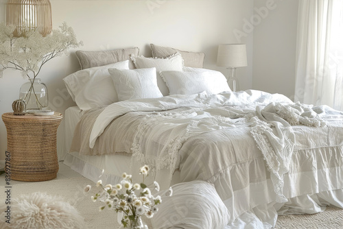 a large  neutral coloured bedroom with an elegant bed made up in white linen and some beautiful soft grey pillows