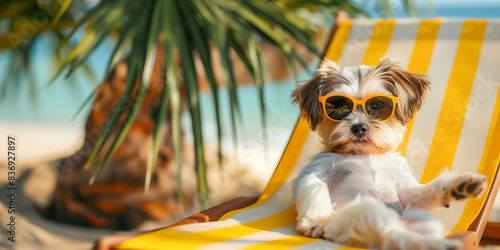 Fototapeta Naklejka Na Ścianę i Meble -  Cute adorable sunglasses dog relaxing on yellow striped summer holiday travel beach chair vacation trip with exotic tropical palm leaves, sea view background.