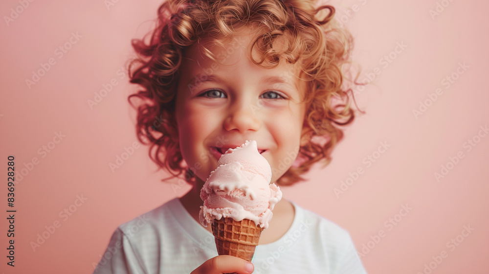 A boy with wavy hair enjoys ice cream. On a pink background A boy with wavy hair enjoys ice cream. On a pink background