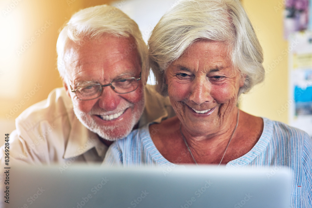 Senior couple, happy and laptop on video call at home for communication, social media or network for streaming. Technology, computer and face of old man or woman, smile and contact family together Senior couple, happy and laptop on video call at home for communication, social media or network for streaming. Technology, computer and face of old man or woman, smile and contact family together